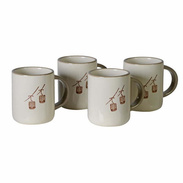 Beige Christmas mug set of 4 with ski lift images on the front.