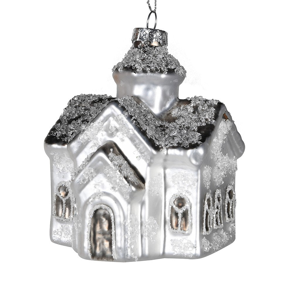 Silver and black house shaped glass bauble with snowy flecks on.