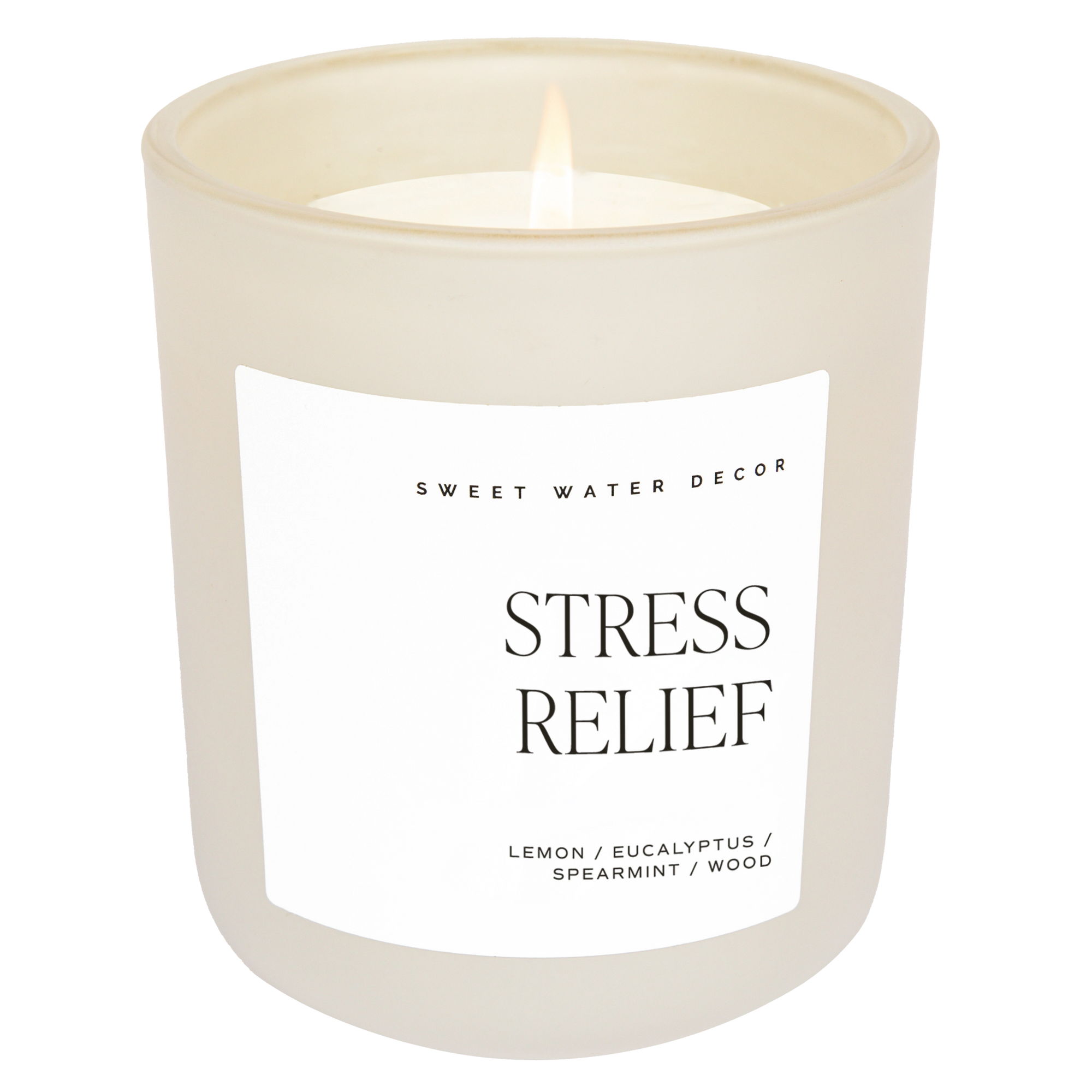Stress relief soy candle in white jar.
