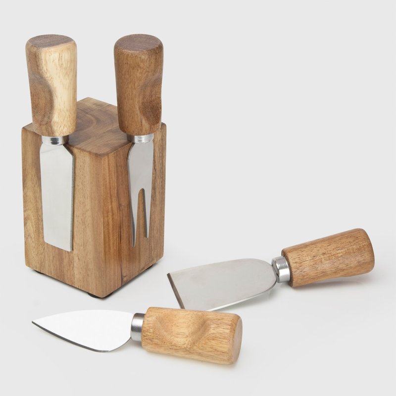 4 piece cheese knife set attached to wooden block.