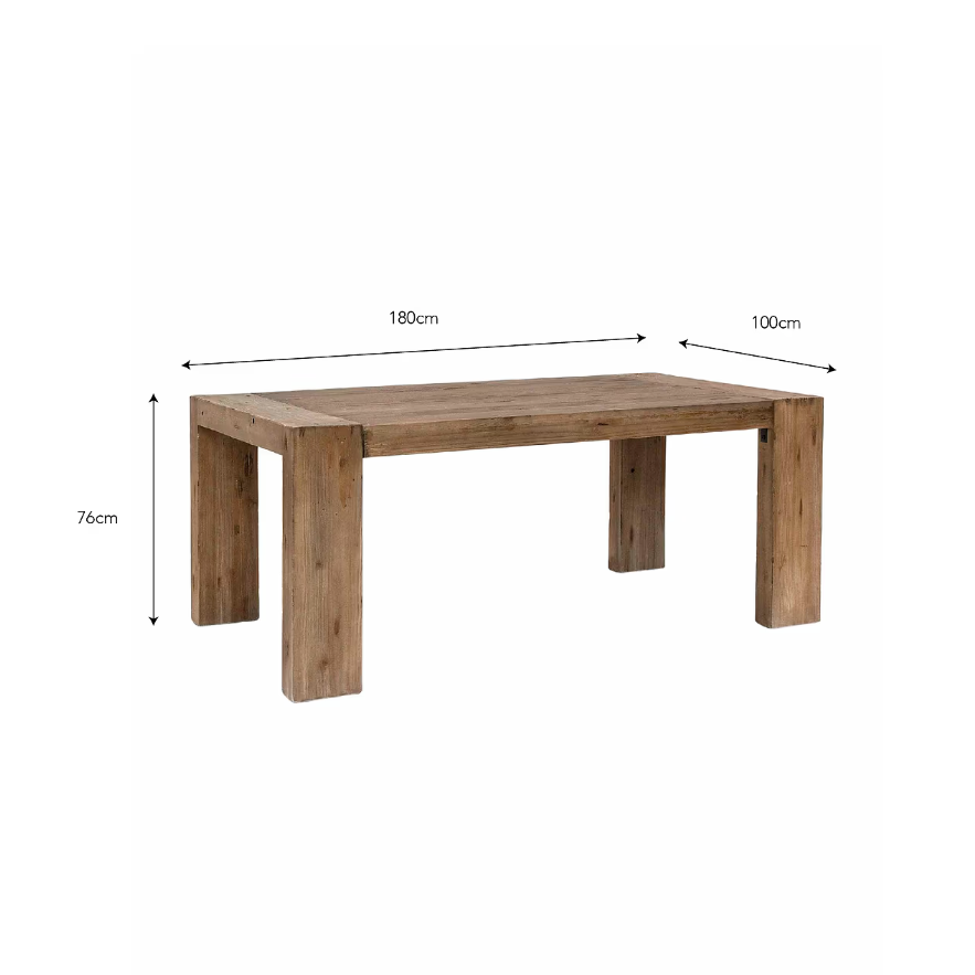 Solid chunky wood dining table on white background with dimensions.