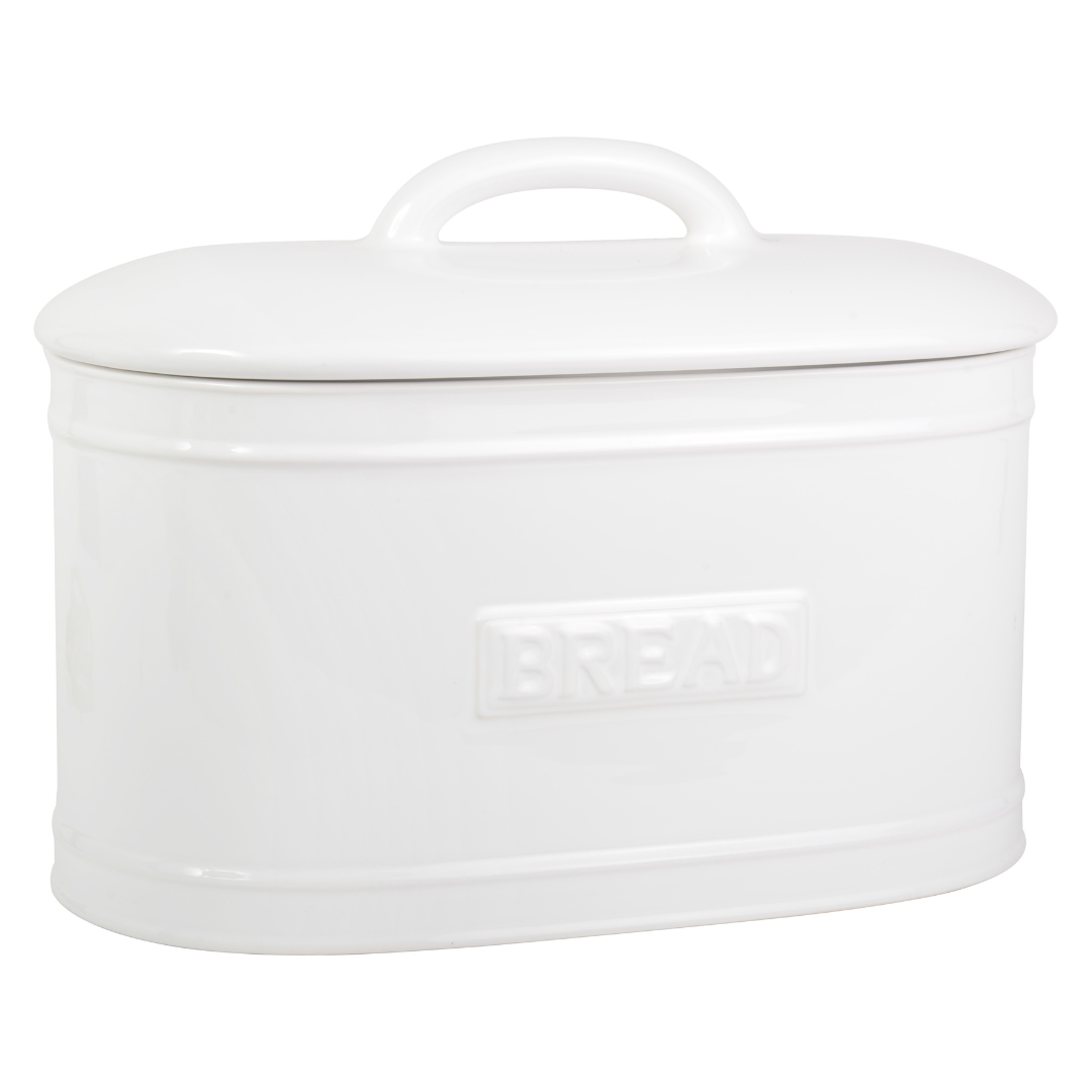 White ceramic bread bin with embossed lettering.