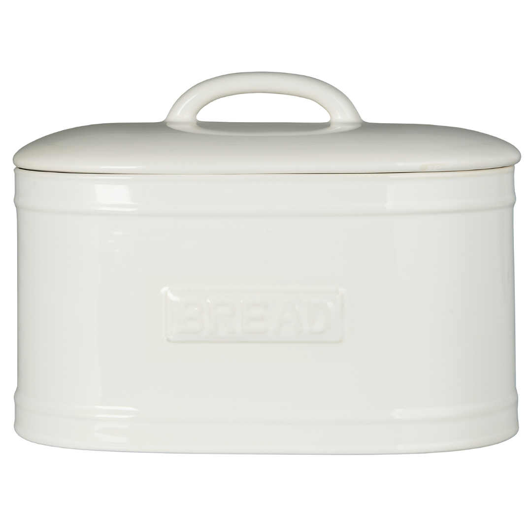 White ceramic bread bin with embossed lettering.