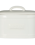 White ceramic bread bin with embossed lettering.