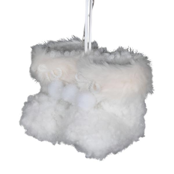 Hanging decoration of white fluffy pom pom booties.