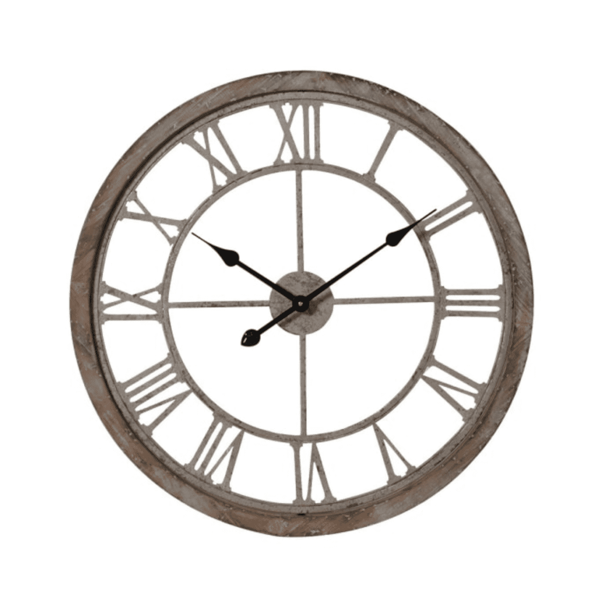 White washed wooden wall clock with iron hands.
