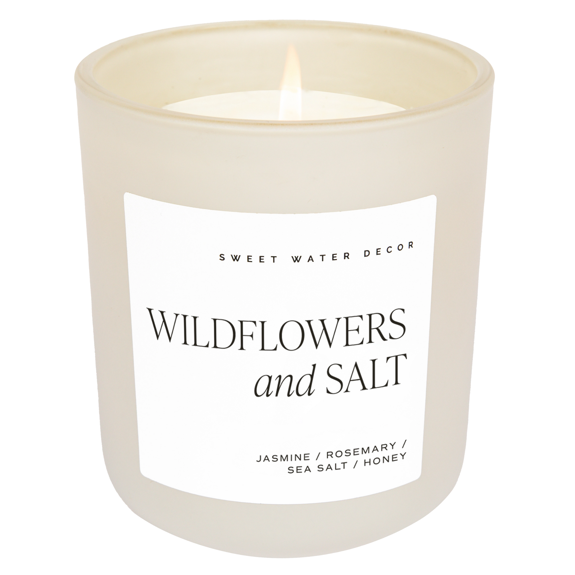Wildflowers and salt soy candle in white matte jar.