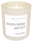 Wildflowers and salt soy candle in white matte jar.