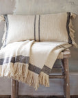Textured cotton throw blanket and matching cushion on a woven stool against a textured beige wall.